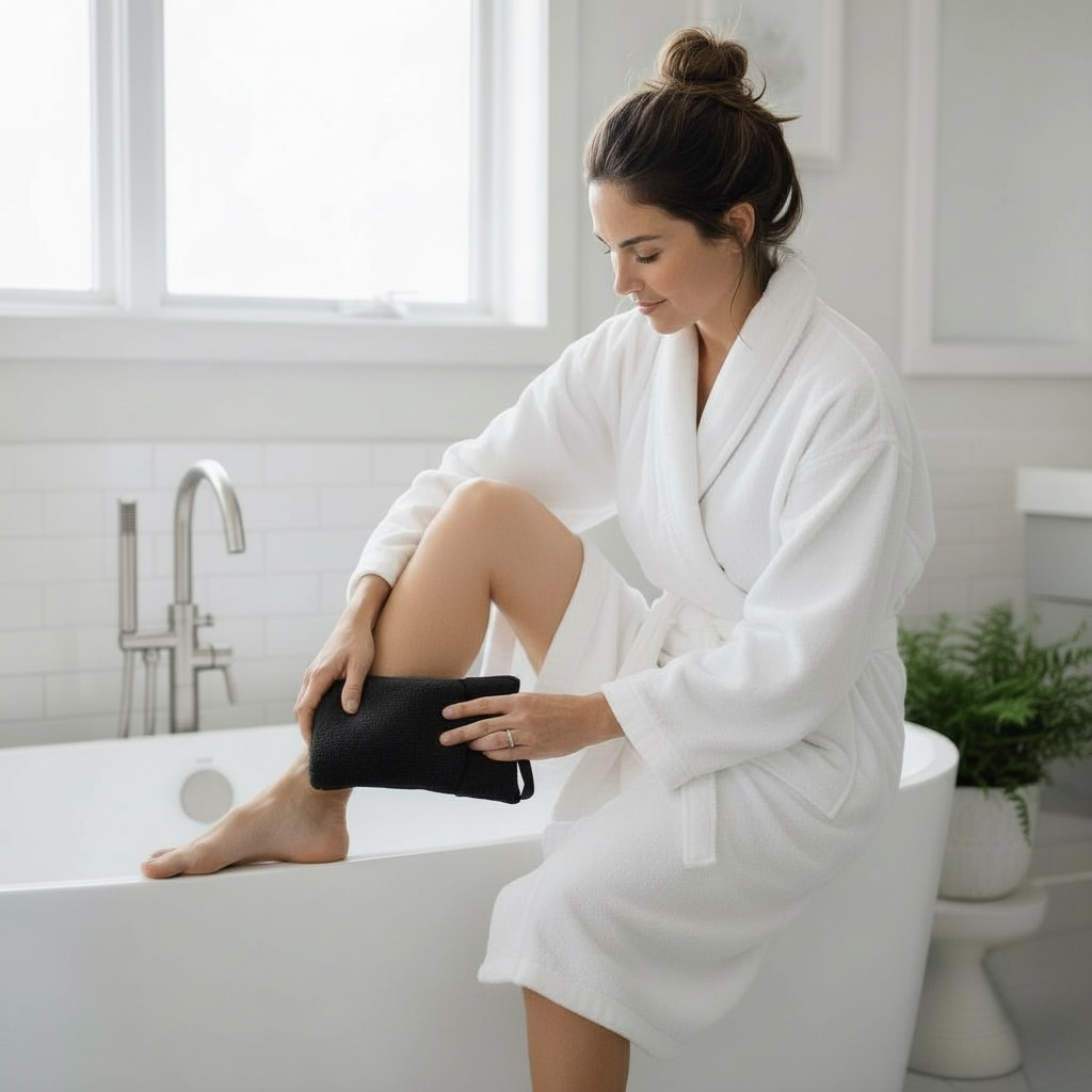 Women sitting on the edge of a tapa holding a Washdolly lux exfoliate her bag